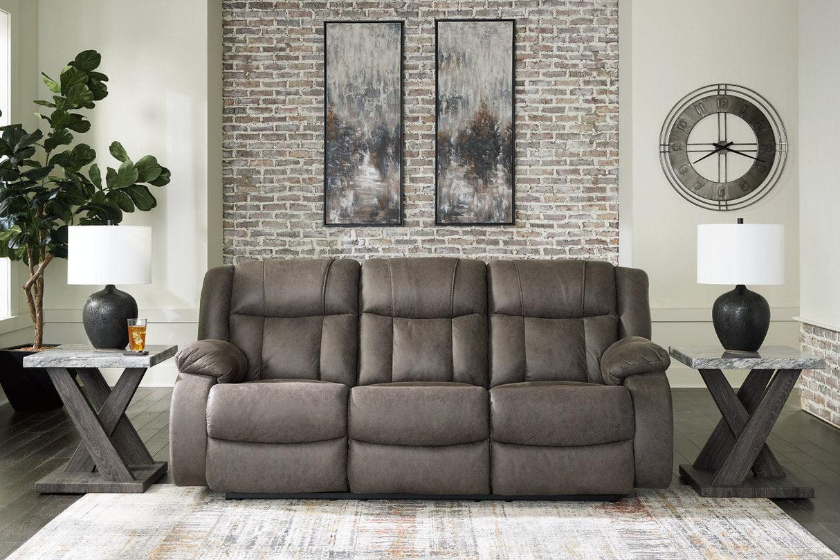 First Base Gunmetal Reclining Sofa, Loveseat and Recliner by Ashley at Eve Furniture