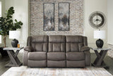 First Base Gunmetal Reclining Sofa, Loveseat and Recliner by Ashley at Eve Furniture