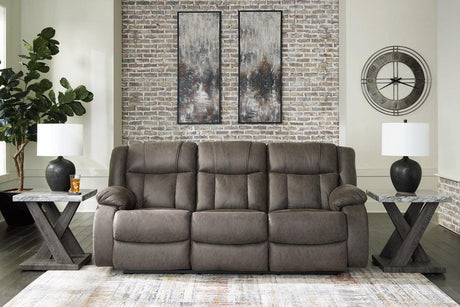 First Base Gunmetal Reclining Sofa, Loveseat and Recliner by Ashley at Eve Furniture