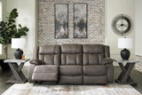 First Base Gunmetal Reclining Sofa, Loveseat and Recliner by Ashley at Eve Furniture