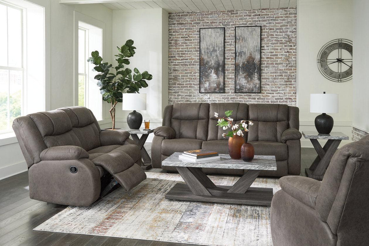 First Base Gunmetal Reclining Sofa, Loveseat and Recliner by Ashley at Eve Furniture