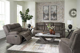 First Base Gunmetal Reclining Sofa, Loveseat and Recliner by Ashley at Eve Furniture