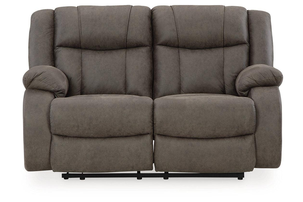First Base Gunmetal Reclining Sofa, Loveseat and Recliner by Ashley at Eve Furniture