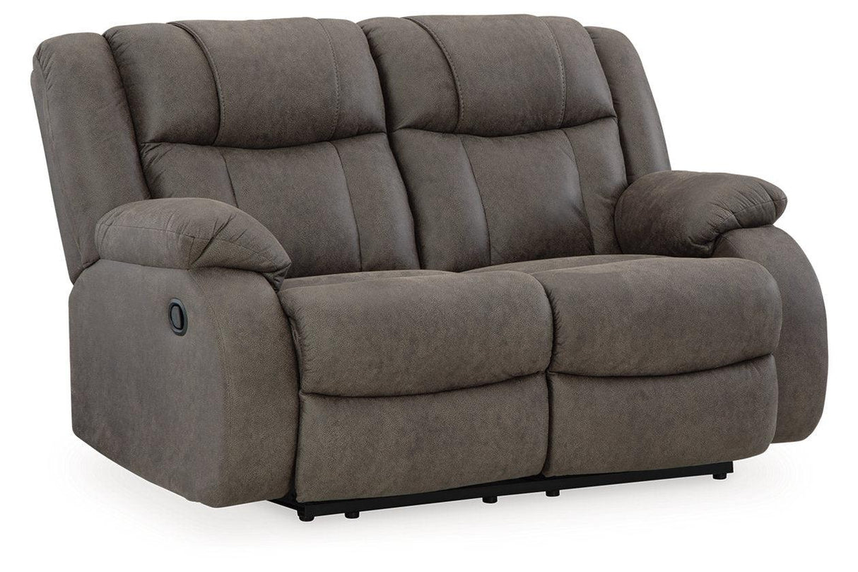 First Base Gunmetal Reclining Sofa, Loveseat and Recliner by Ashley at Eve Furniture