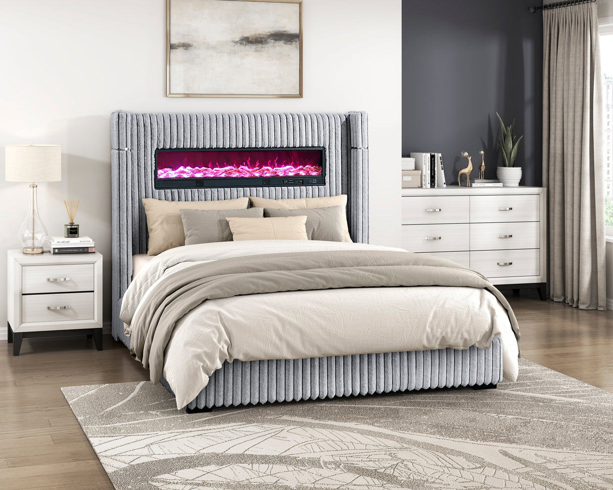 Fitzroy Gray Upholstered California King Bed with Fireplace by Homelegance at Eve Furniture
