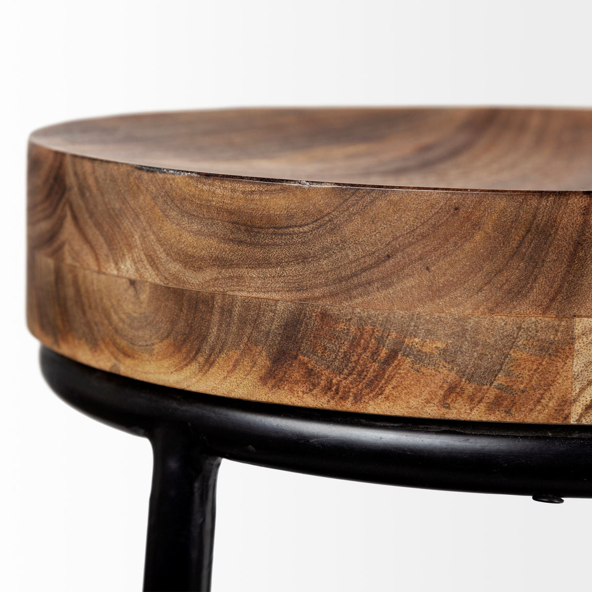 Flynn 26.25" Seat Height Brown Wood Seat Black Metal Frame Stool by Mercana at Eve Furniture