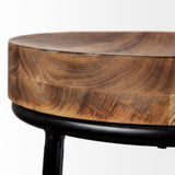 Flynn 26.25" Seat Height Brown Wood Seat Black Metal Frame Stool by Mercana at Eve Furniture