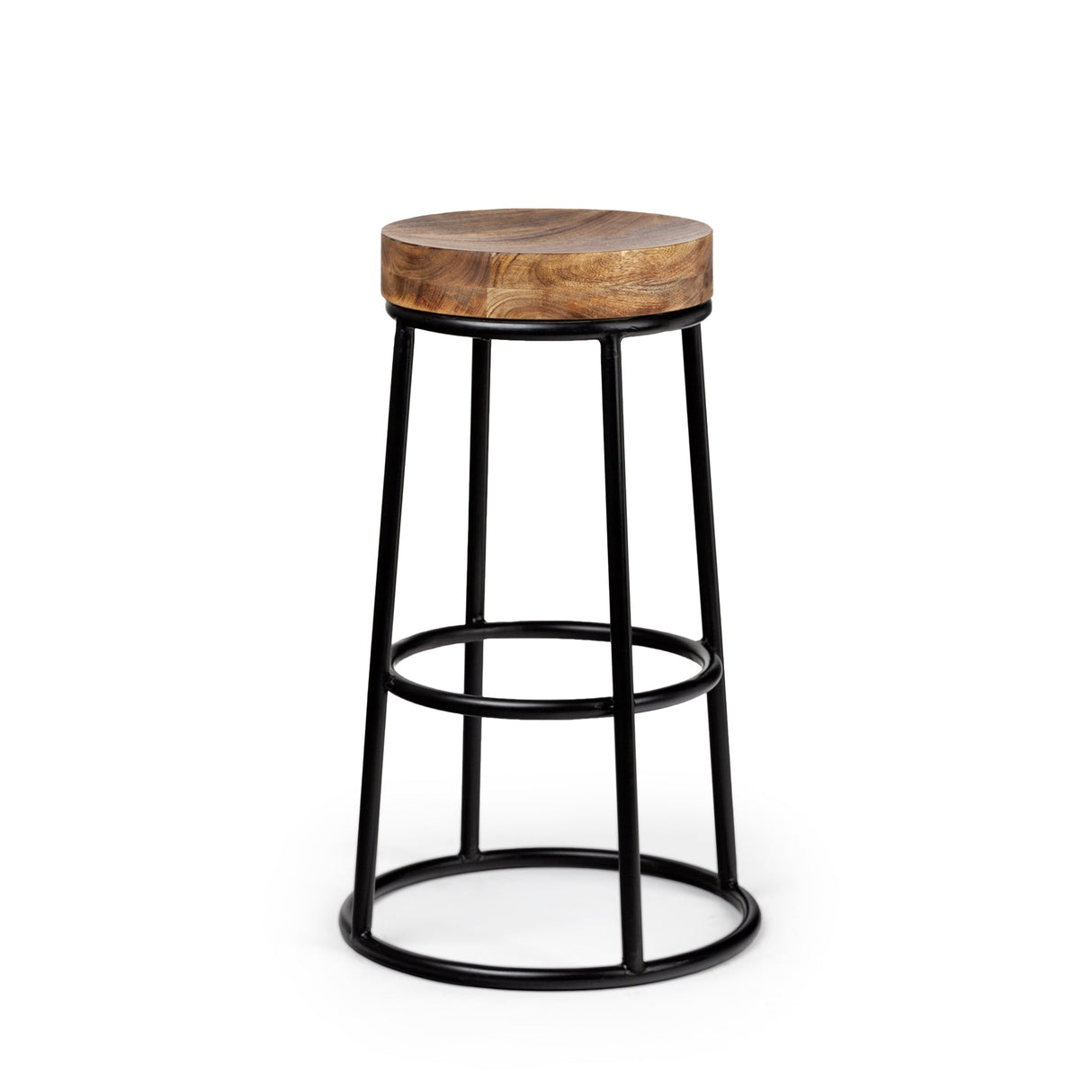 Flynn 26.25" Seat Height Brown Wood Seat Black Metal Frame Stool by Mercana at Eve Furniture