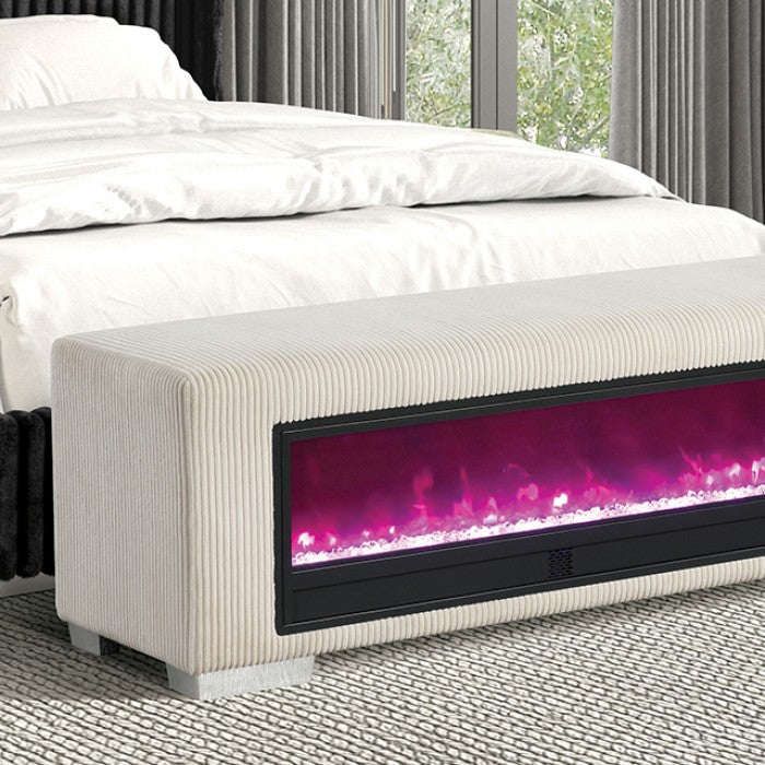 Elnath Beige Bench w/ Visual Wood Log Fireplace