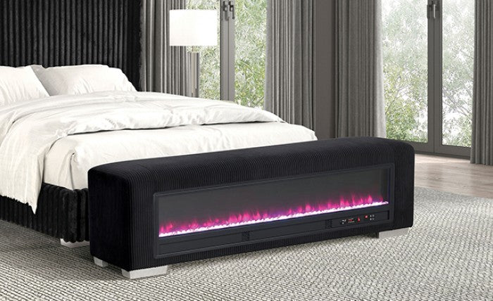 Elnath Contemporary Black Bench w/ Visual Wood Log Fireplace