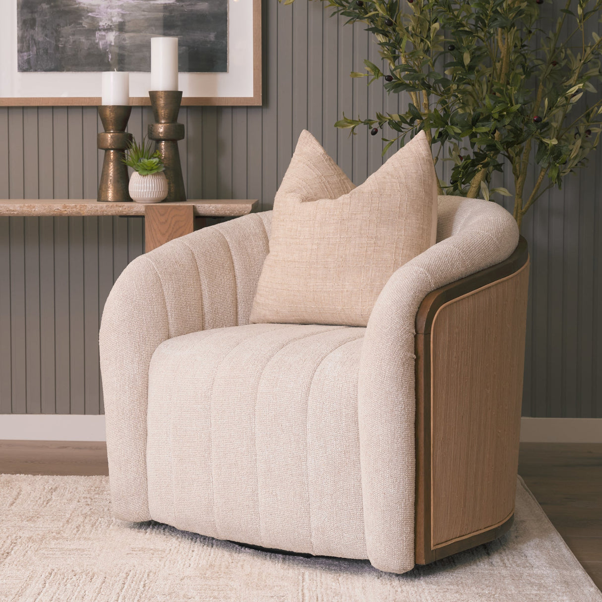 Fonda Cream Fabric w/ Natural Jute Swivel Accent Chair by Mercana at Eve Furniture