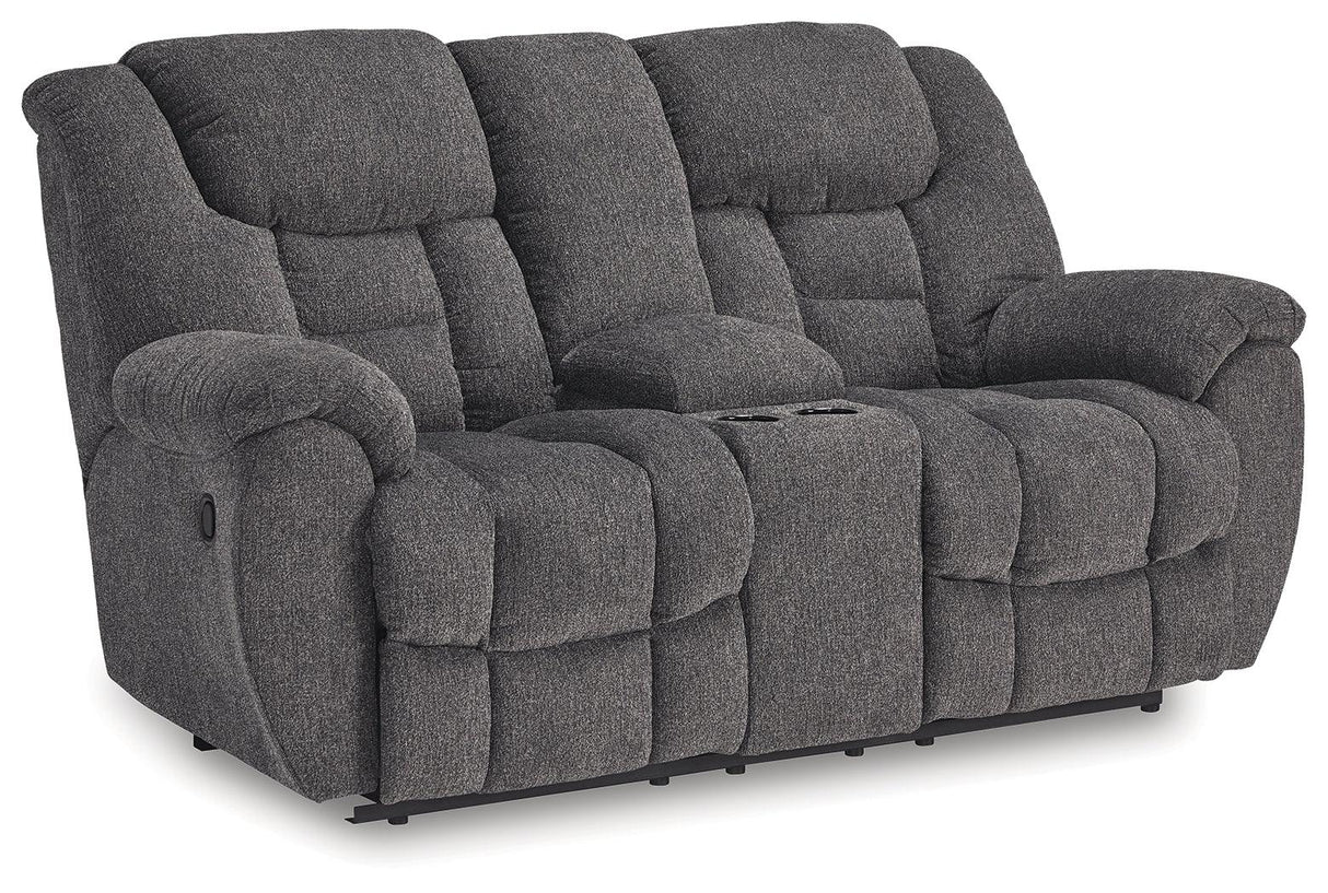 Foreside Charcoal Performance Fabric Manual Loveseat with Console by Ashley at Eve Furniture