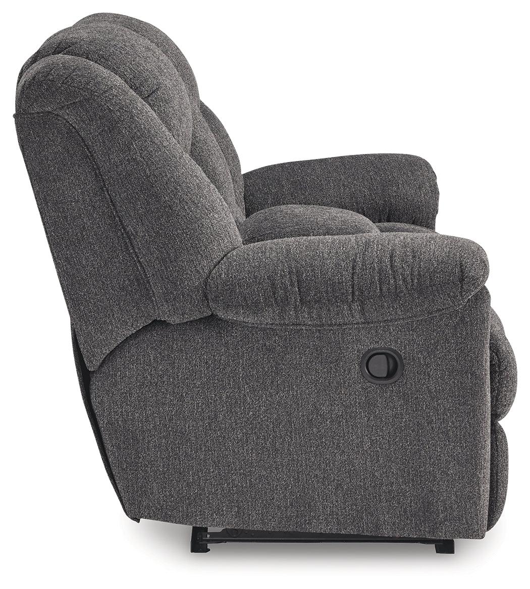Foreside Charcoal Performance Fabric Manual Loveseat with Console by Ashley at Eve Furniture