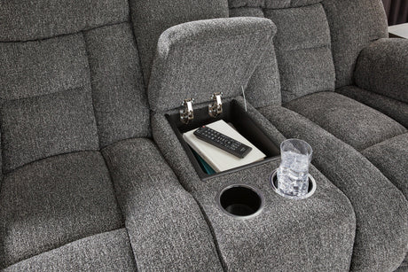 Foreside Charcoal Performance Fabric Manual Loveseat with Console by Ashley at Eve Furniture