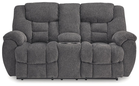Foreside Charcoal Performance Fabric Manual Loveseat with Console by Ashley at Eve Furniture