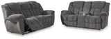 Foreside Charcoal Performance Fabric Manual Reclining Sofa and Loveseat by Ashley at Eve Furniture