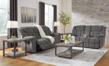 Foreside Charcoal Performance Fabric Manual Reclining Sofa and Loveseat by Ashley at Eve Furniture