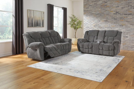 Foreside Charcoal Performance Fabric Manual Reclining Sofa and Loveseat by Ashley at Eve Furniture