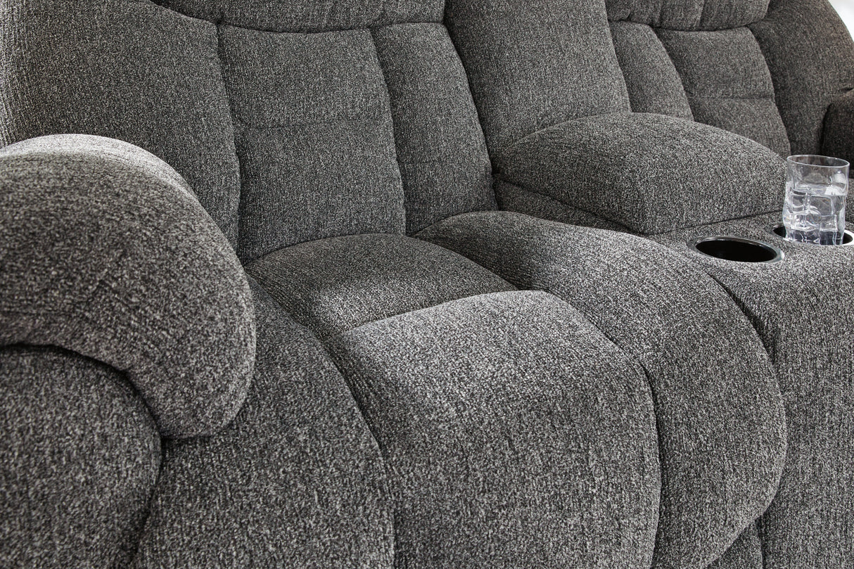 Foreside Charcoal Reclining Loveseat with Console