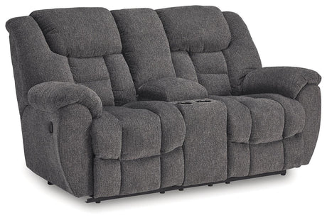 Foreside Charcoal Performance Fabric Manual Loveseat with Console by Ashley at Eve Furniture