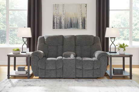 Foreside Charcoal Performance Fabric Manual Loveseat with Console by Ashley at Eve Furniture