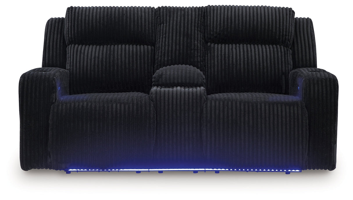 Forest Lake Black Power Reclining Loveseat with Console by Ashley at Eve Furniture
