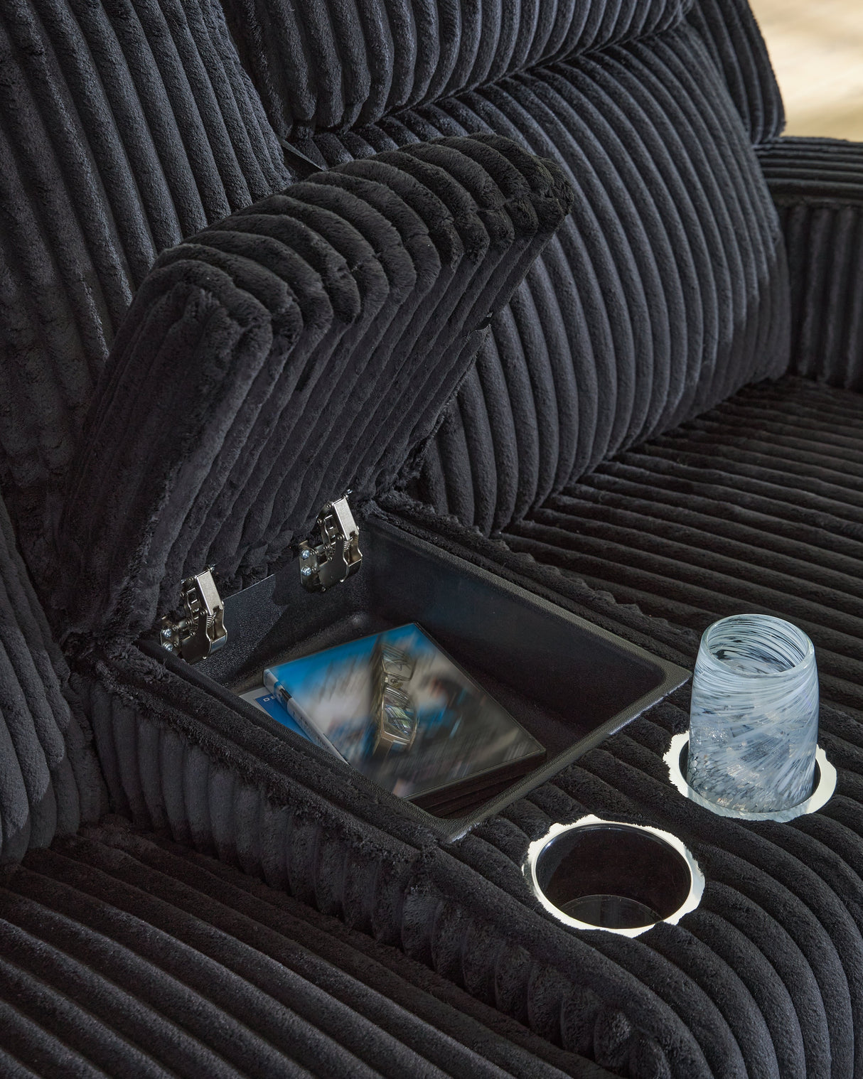 Forest Lake Black Power Reclining Loveseat with Console by Ashley at Eve Furniture