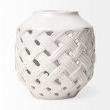 Forillon I Short White Glazed Lattice Pattern Vase by Mercana at Eve Furniture