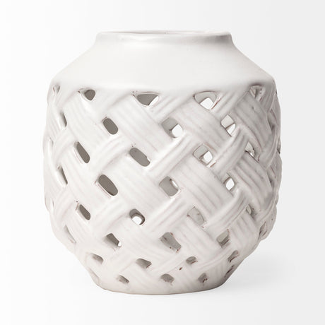 Forillon I Short White Glazed Lattice Pattern Vase by Mercana at Eve Furniture