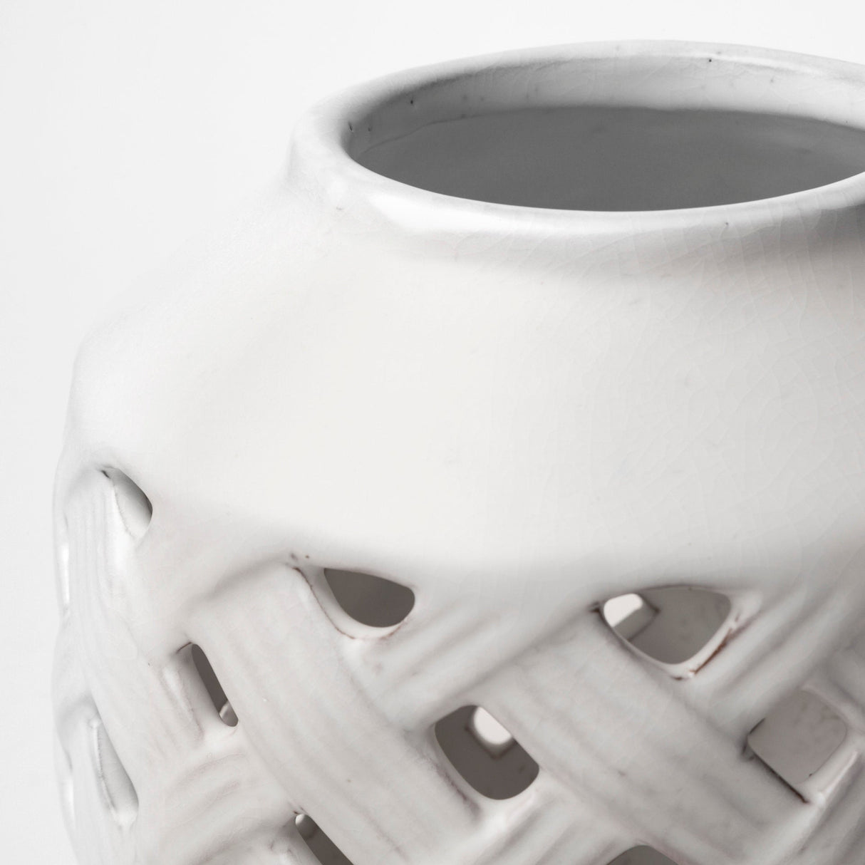 Forillon I Short White Glazed Lattice Pattern Vase by Mercana at Eve Furniture