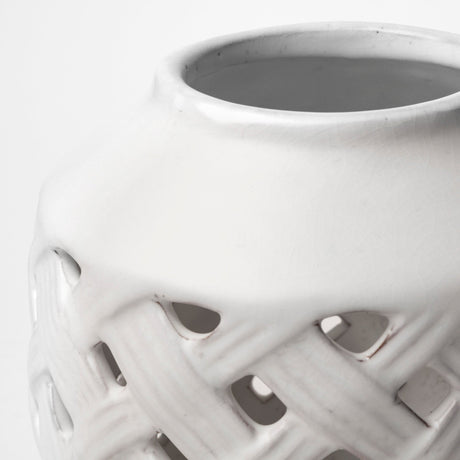 Forillon I Short White Glazed Lattice Pattern Vase by Mercana at Eve Furniture