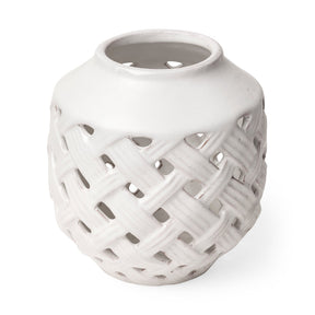 Forillon I Short White Glazed Lattice Pattern Vase by Mercana at Eve Furniture