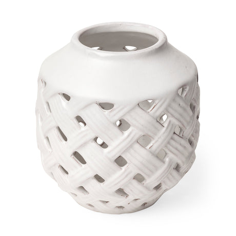 Forillon I Short White Glazed Lattice Pattern Vase by Mercana at Eve Furniture