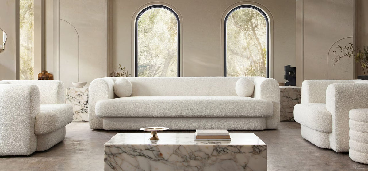 Form Sofa In Ivory Boucle Fabric with 2 Accent Pillow Balls by Diamond Sofa at Eve Furniture
