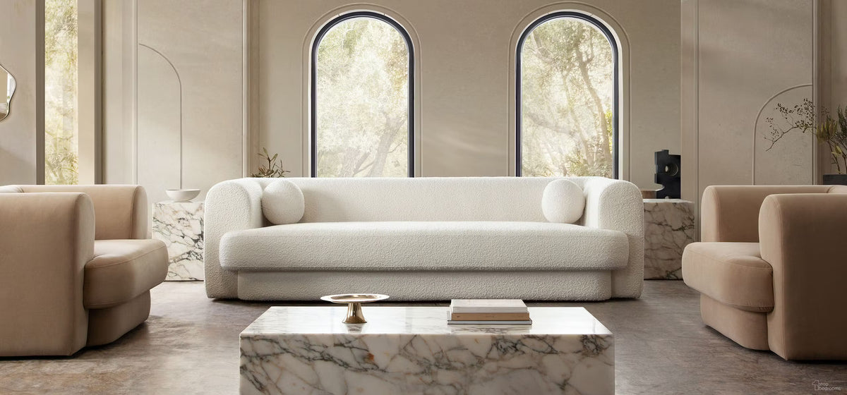 Form Sofa In Ivory Boucle Fabric with 2 Accent Pillow Balls by Diamond Sofa at Eve Furniture