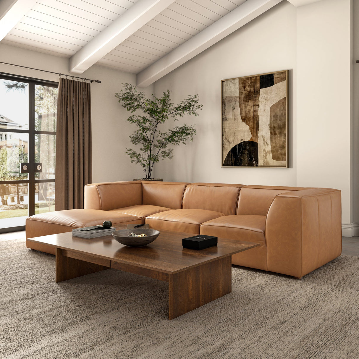 Form Tan Leather Ottoman by Moe's Home at Eve Furniture