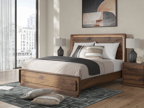 Fortlorn Walnut Brown King Panel Bed, Dresser and Nightstand by Ashley at Eve Furniture