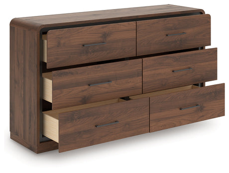 Fortlorn Walnut Brown King Panel Bed, Dresser and Nightstand by Ashley at Eve Furniture