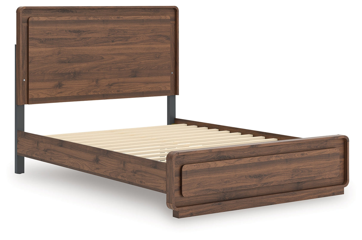 Fortlorn Walnut Brown Queen Panel Bed, Dresser, Mirror and Nightstand by Ashley at Eve Furniture