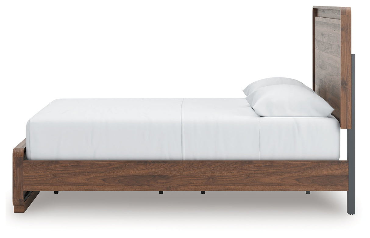 Fortlorn Walnut Brown Queen Panel Bed, Dresser, Mirror and Nightstand by Ashley at Eve Furniture