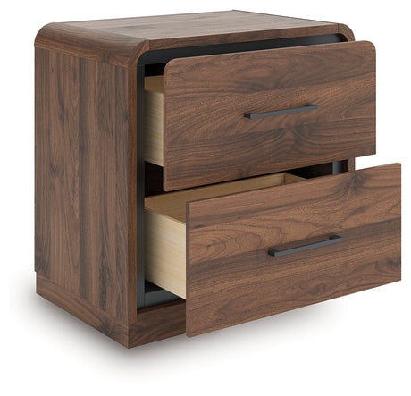 Fortlorn Walnut Brown Queen Panel Bed, Dresser, Mirror and Nightstand by Ashley at Eve Furniture