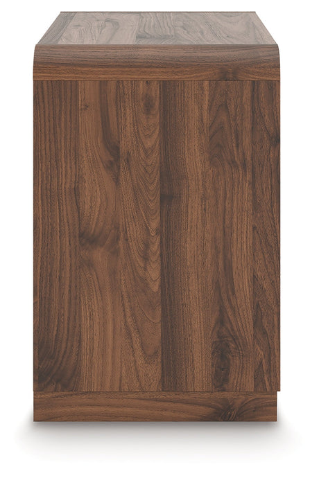 Fortlorn Walnut Brown Queen Panel Bed, Dresser, Mirror and Nightstand by Ashley at Eve Furniture