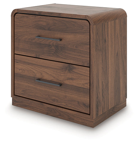Fortlorn Walnut Brown Queen Panel Bed, Dresser, Mirror and Nightstand by Ashley at Eve Furniture