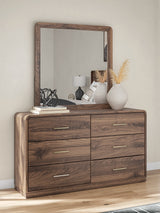 Fortlorn Walnut Brown Queen Panel Bed, Dresser, Mirror and Nightstand by Ashley at Eve Furniture