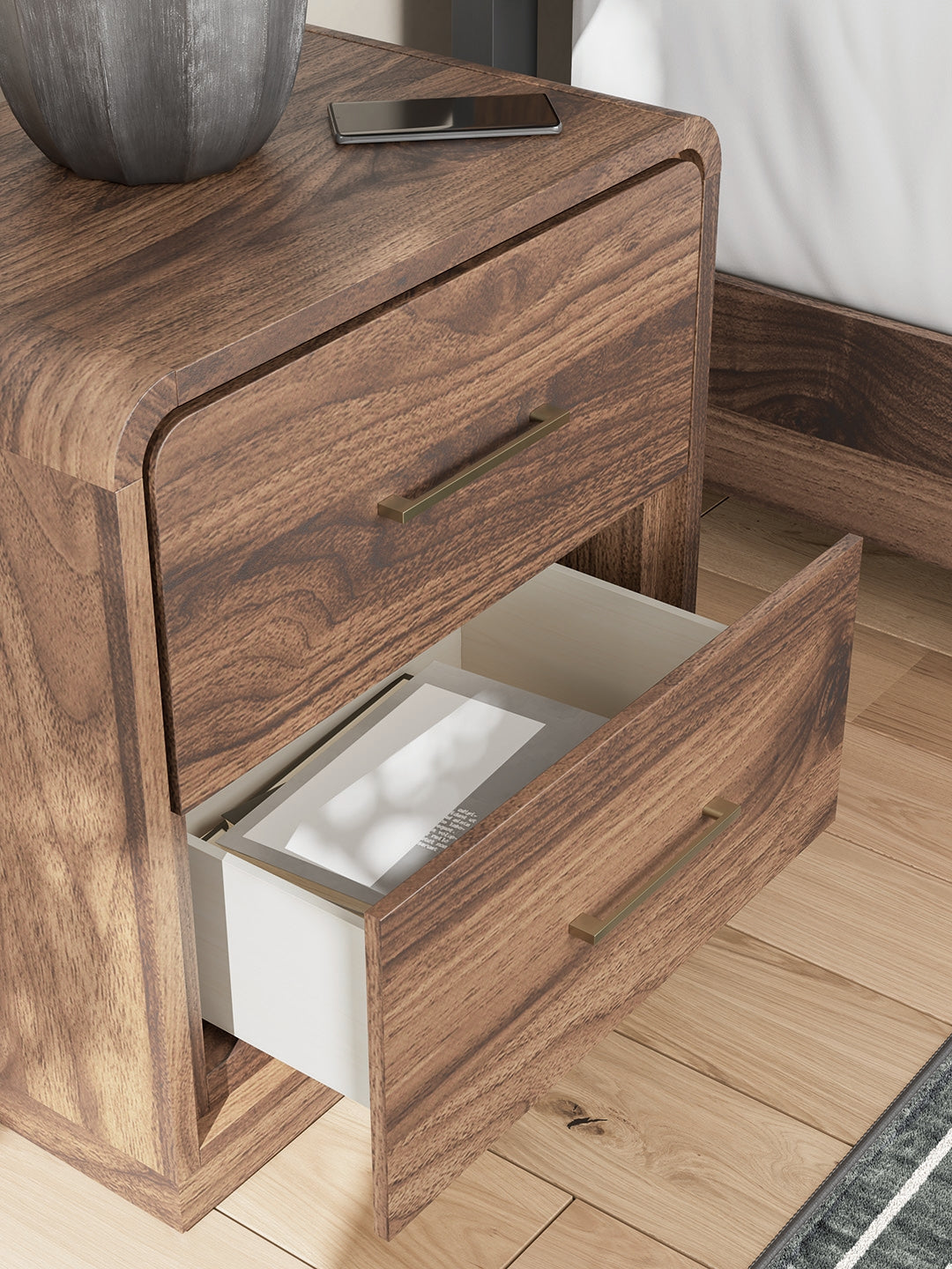 Fortlorn Walnut Brown Queen Panel Bed, Dresser, Mirror and Nightstand by Ashley at Eve Furniture
