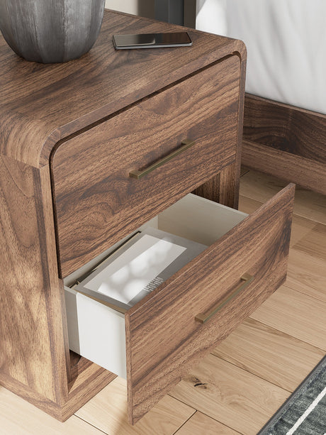Fortlorn Walnut Brown Queen Panel Bed, Dresser, Mirror and Nightstand by Ashley at Eve Furniture