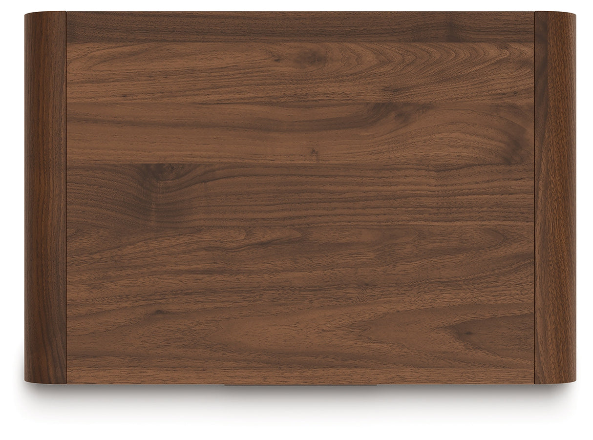 Fortlorn Walnut Brown Queen Panel Bed, Dresser, Mirror and Nightstand by Ashley at Eve Furniture