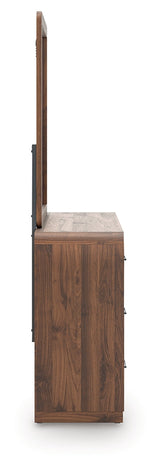 Fortlorn Walnut Brown Queen Panel Bed, Dresser, Mirror and Nightstand by Ashley at Eve Furniture