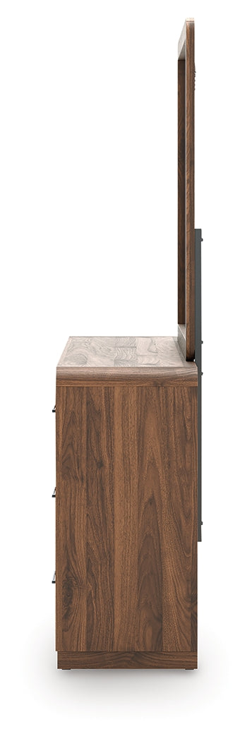 Fortlorn Walnut Brown Queen Panel Bed, Dresser, Mirror and Nightstand by Ashley at Eve Furniture
