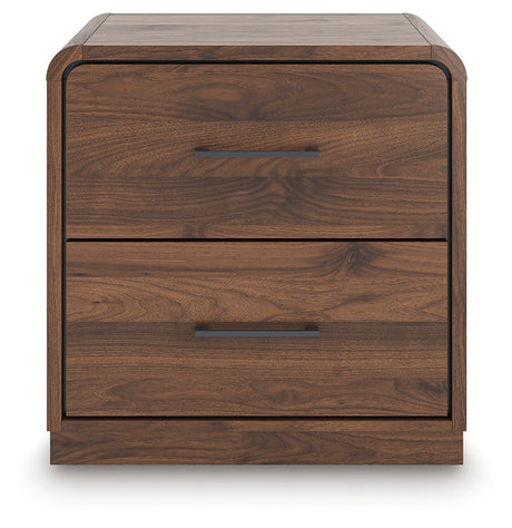 Fortlorn Walnut Brown Queen Panel Bed, Dresser, Mirror and Nightstand by Ashley at Eve Furniture